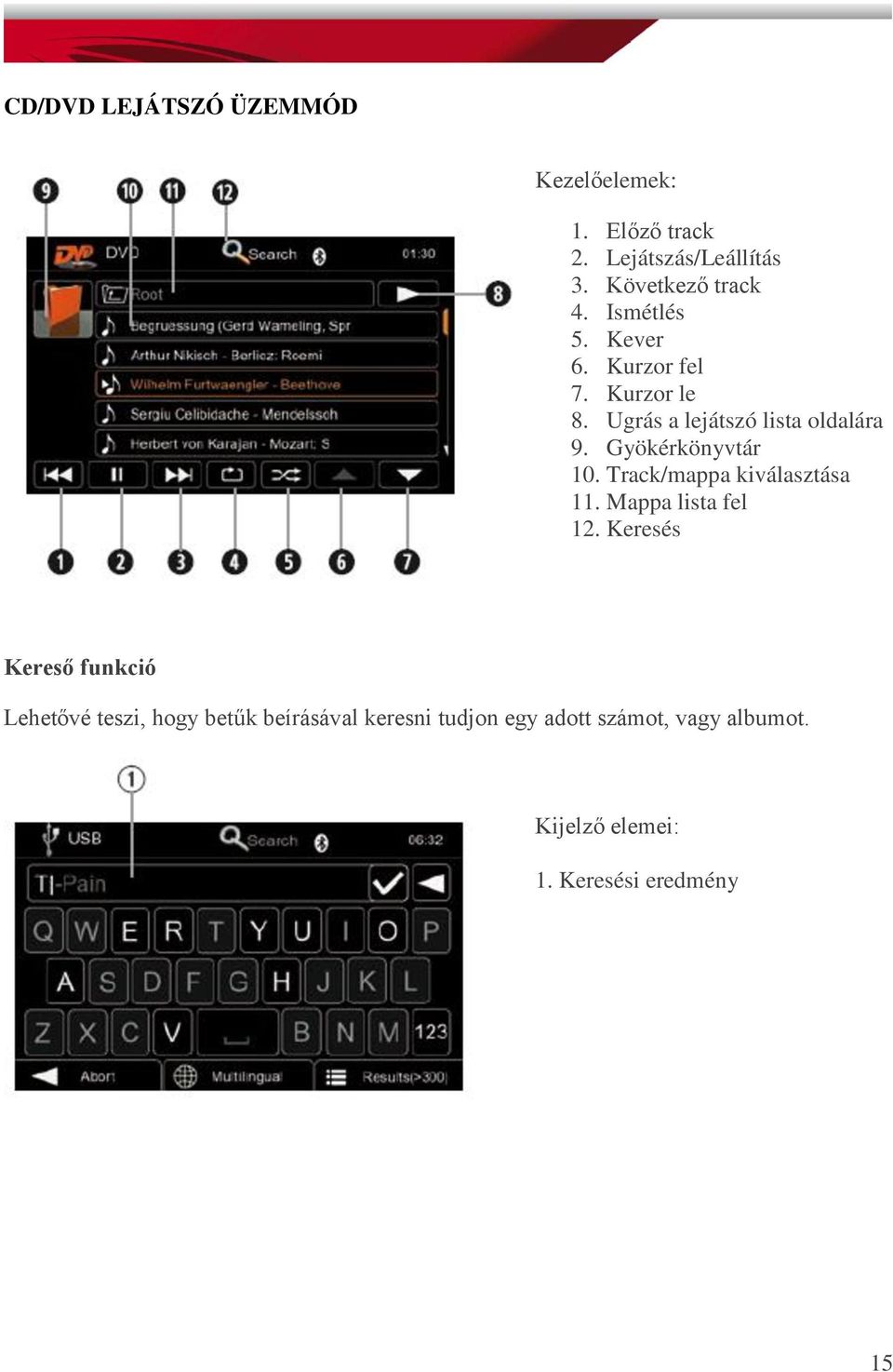 Gyökérkönyvtár 10. Track/mappa kiválasztása 11. Mappa lista fel 12.