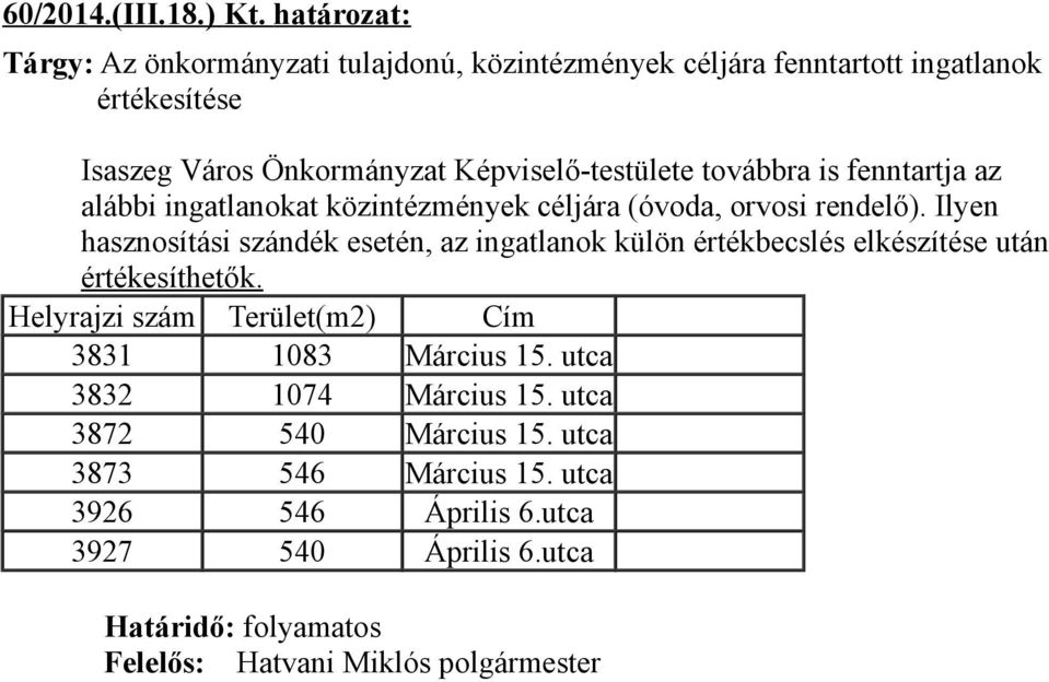 Önkormányzat Képviselő-testülete továbbra is fenntartja az alábbi ingatlanokat közintézmények céljára (óvoda, orvosi rendelő).