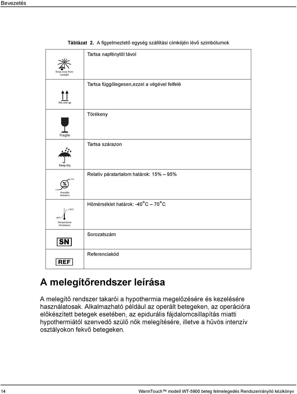 páratartalom határok: 15% 95% Hőmérséklet határok: -40 C 70 C Sorozatszám Referenciakód A melegítőrendszer leírása A melegítő rendszer takarói a hypothermia megelőzésére