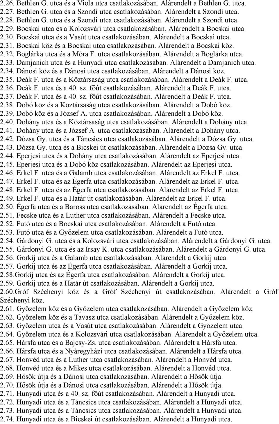 Bocskai köz és a Bocskai utca csatlakozásában. Alárendelt a Bocskai köz. 2.32. Boglárka utca és a Móra F. utca csatlakozásában. Alárendelt a Boglárka utca. 2.33.