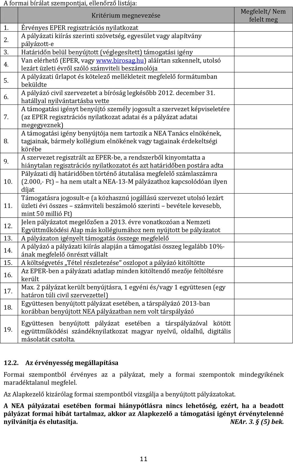 A pályázati űrlapot és kötelező mellékleteit megfelelő formátumban beküldte 6. A pályázó civil szervezetet a bíróság legkésőbb 2012. december 31.