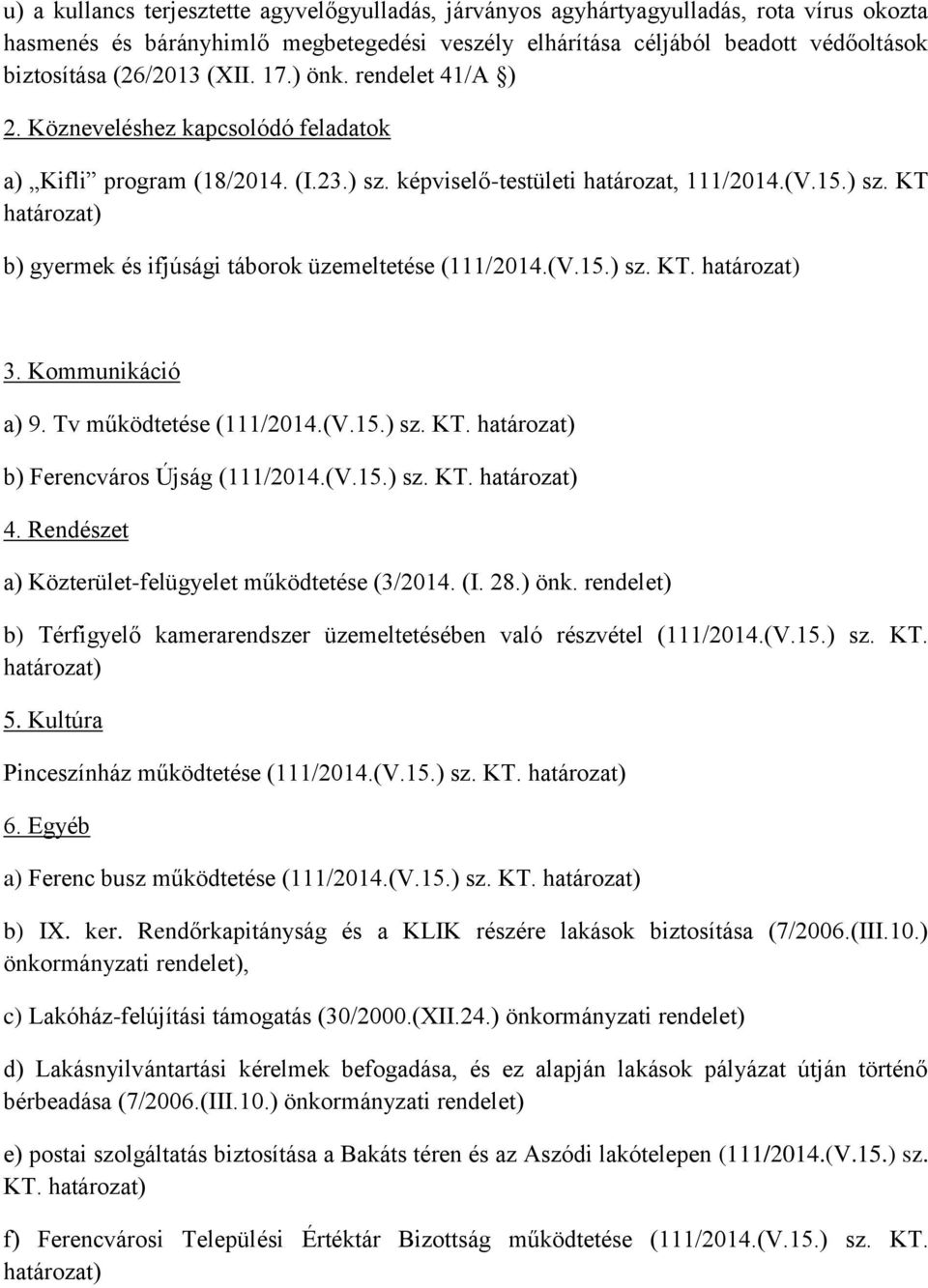 (V.15.) sz. KT. határozat) 3. Kommunikáció a) 9. Tv működtetése (111/2014.(V.15.) sz. KT. határozat) b) Ferencváros Újság (111/2014.(V.15.) sz. KT. határozat) 4.