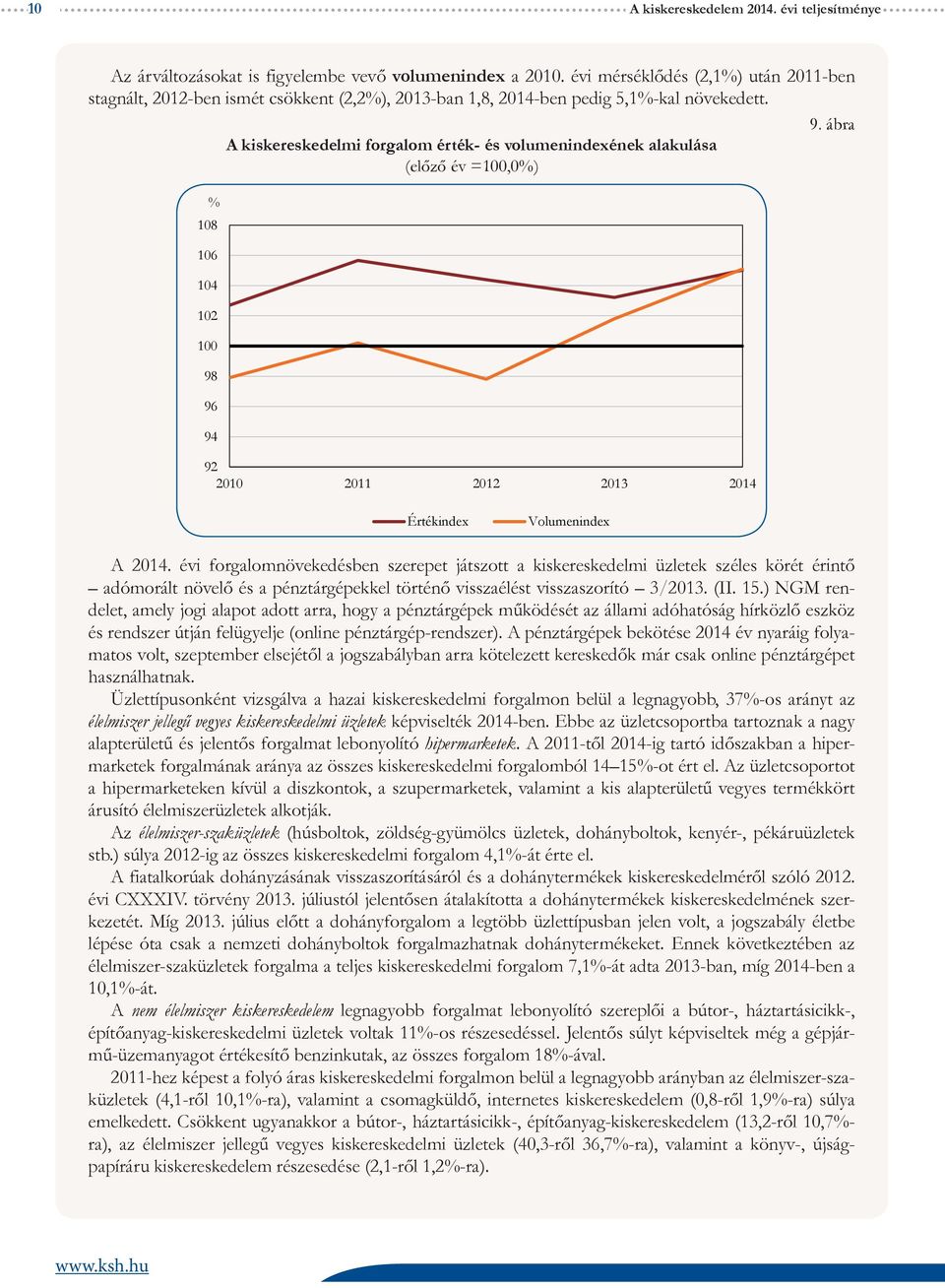 ábra A kiskereskedelmi forgalom érték- és volumenindexének alakulása (előző év =1,) 18 16 14 12 1 98 96 94 92 21 211 212 213 214 Értékindex Volumenindex A 214.