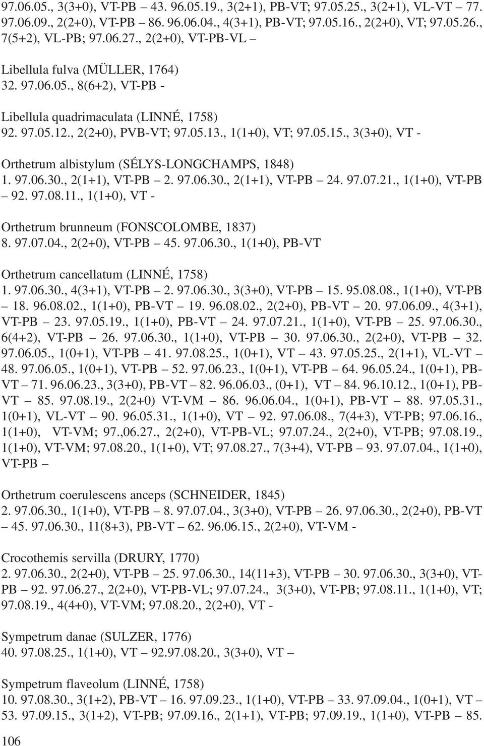 , 3(3+0), VT - Orthetrum albistylum (SÉLYS-LONGCHAMPS, 1848) 1. 97.06.30., 2(1+1), VT-PB 2. 97.06.30., 2(1+1), VT-PB 24. 97.07.21., 1(1+0), VT-PB 92. 97.08.11.