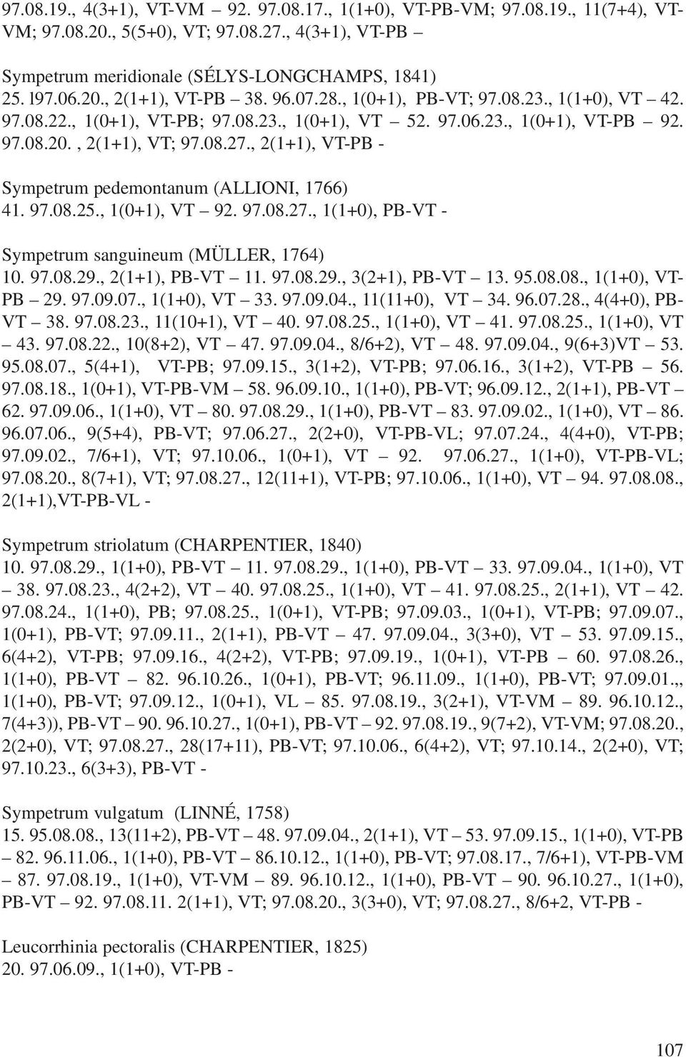 , 2(1+1), VT-PB - Sympetrum pedemontanum (ALLIONI, 1766) 41. 97.08.25., 1(0+1), VT 92. 97.08.27., 1(1+0), PB-VT - Sympetrum sanguineum (MÜLLER, 1764) 10. 97.08.29., 2(1+1), PB-VT 11. 97.08.29., 3(2+1), PB-VT 13.