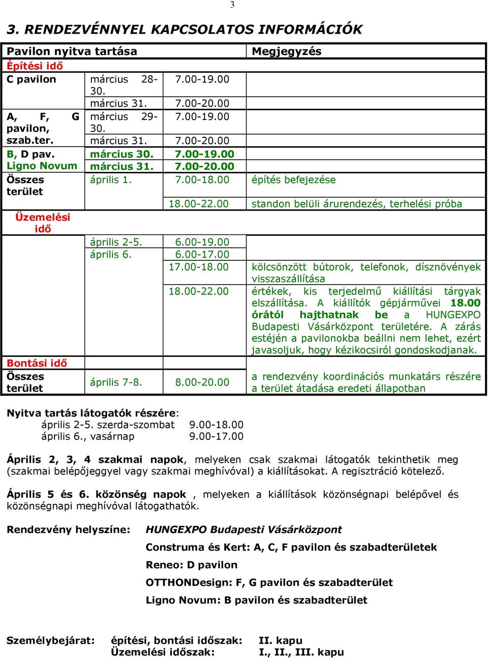 00 standon belüli árurendezés, terhelési próba Üzemelési idı április 2-5. 6.00-19.00 április 6. 6.00-17.00 17.00-18.00 kölcsönzött bútorok, telefonok, dísznövények visszaszállítása 18.00-22.