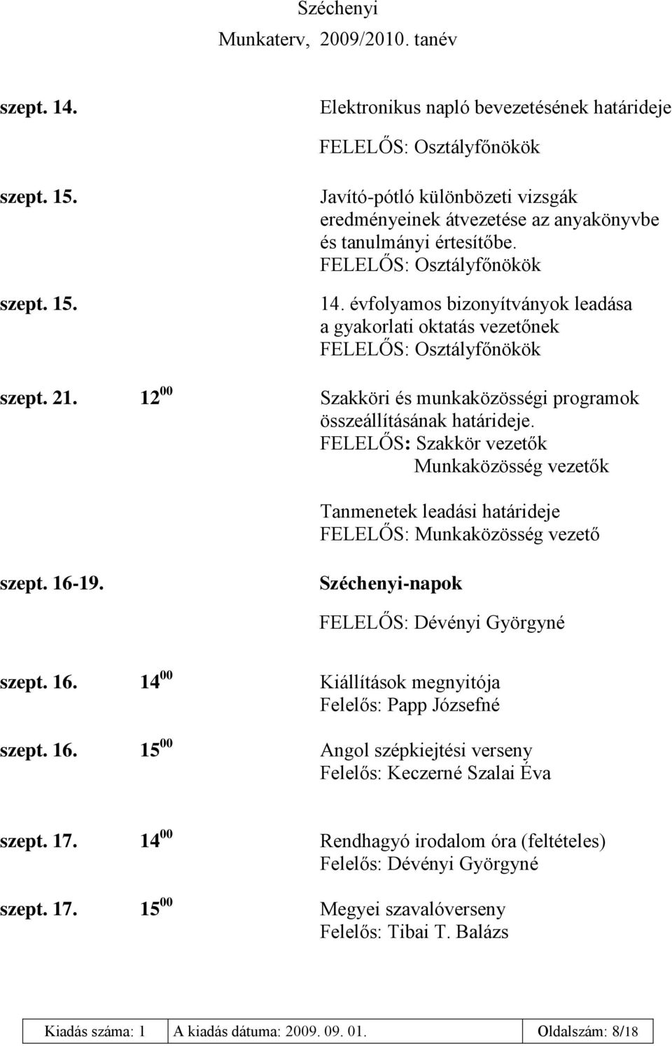 FELELŐS: Szakkör vezetők Munkaközösség vezetők Tanmenetek leadási határideje FELELŐS: Munkaközösség vezető szept. 16-19. Széchenyi-napok FELELŐS: Dévényi Györgyné szept. 16. 14 00 Kiállítások megnyitója Felelős: Papp Józsefné szept.