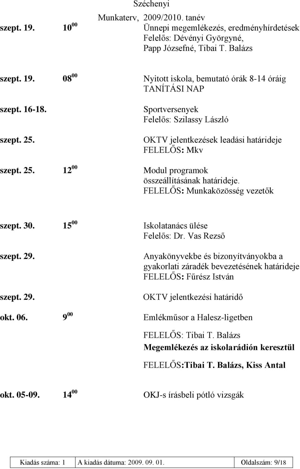 FELELŐS: Munkaközösség vezetők szept. 30. 15 00 Iskolatanács ülése Felelős: Dr. Vas Rezső szept. 29.