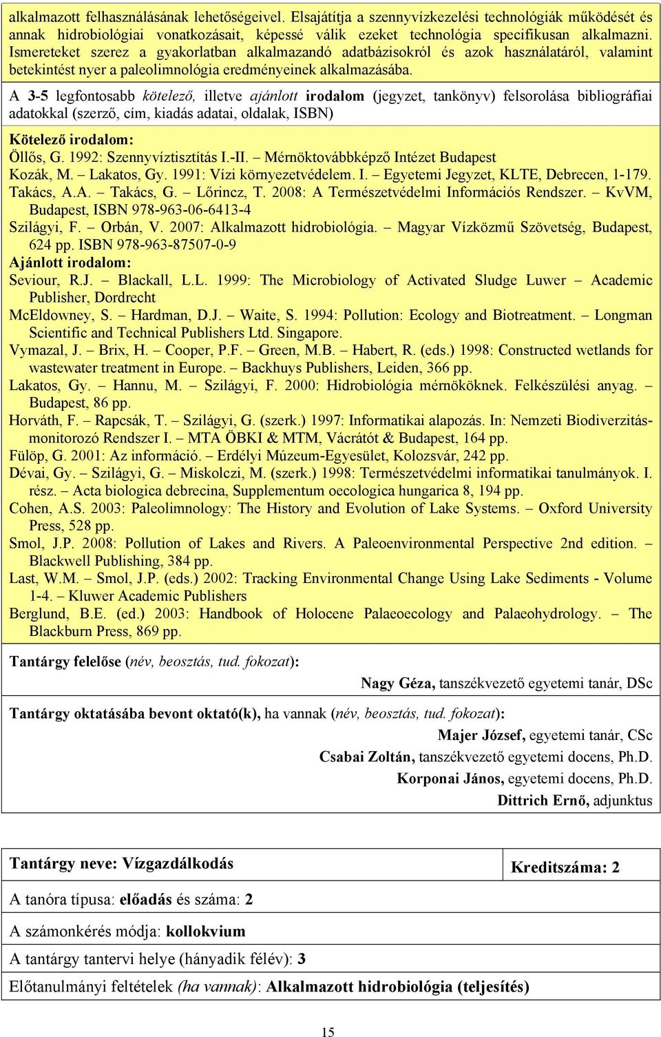 Mérnöktovábbképző Intézet Budapest Kozák, M. Lakatos, Gy. 1991: Vízi környezetvédelem. I. Egyetemi Jegyzet, KLTE, Debrecen, 1-179. Takács, A.A. Takács, G. Lőrincz, T.