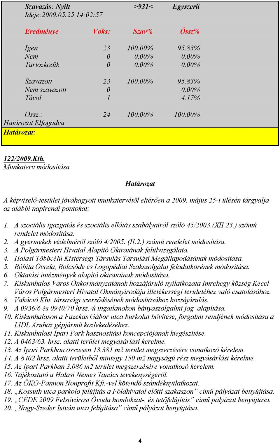 május 25-i ülésén tárgyalja az alábbi napirendi pontokat: 1. A szociális igazgatás és szociális ellátás szabályairól szóló 45/2003.(XII.23.) számú rendelet módosítása. 2. A gyermekek védelméről szóló 4/2005.