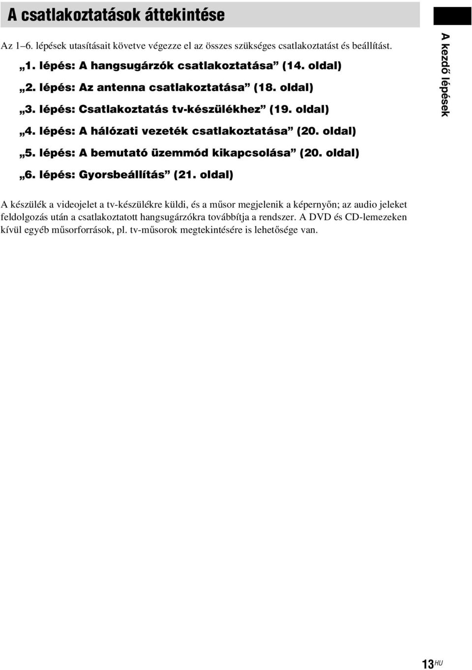 oldal) A kezdő lépések 5. lépés: A bemutató üzemmód kikapcsolása (20. oldal) 6. lépés: Gyorsbeállítás (21.