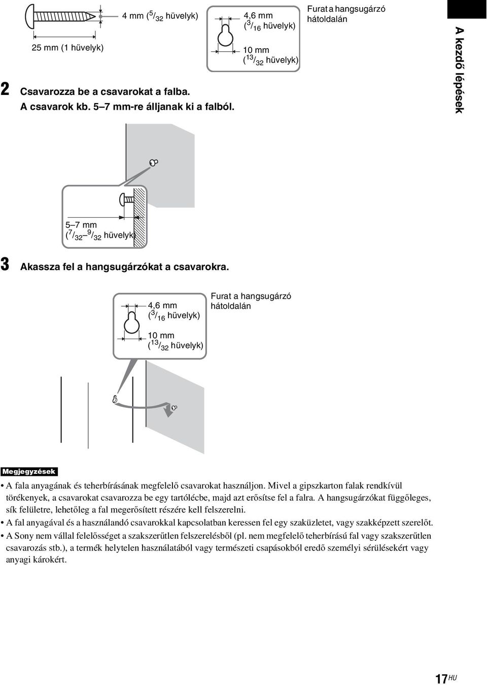 4,6 mm ( 3 / 16 hüvelyk) Furat a hangsugárzó hátoldalán 10 mm ( 13 / 32 hüvelyk) Megjegyzések A fala anyagának és teherbírásának megfelelő csavarokat használjon.