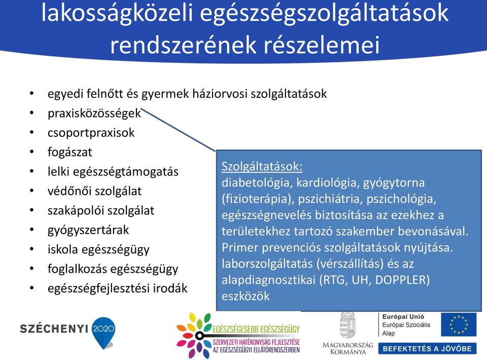 Szolgáltatások: diabetológia, kardiológia, gyógytorna (fizioterápia), pszichiátria, pszichológia, egészségnevelés biztosítása az ezekhez a