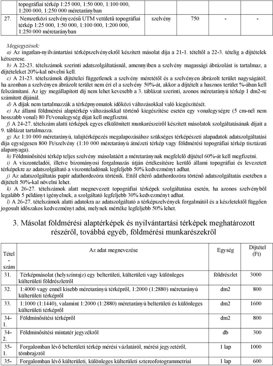 másolat díja a 21 tételtől a 223. tételig a díjtételek kétszerese. b) A 2223.