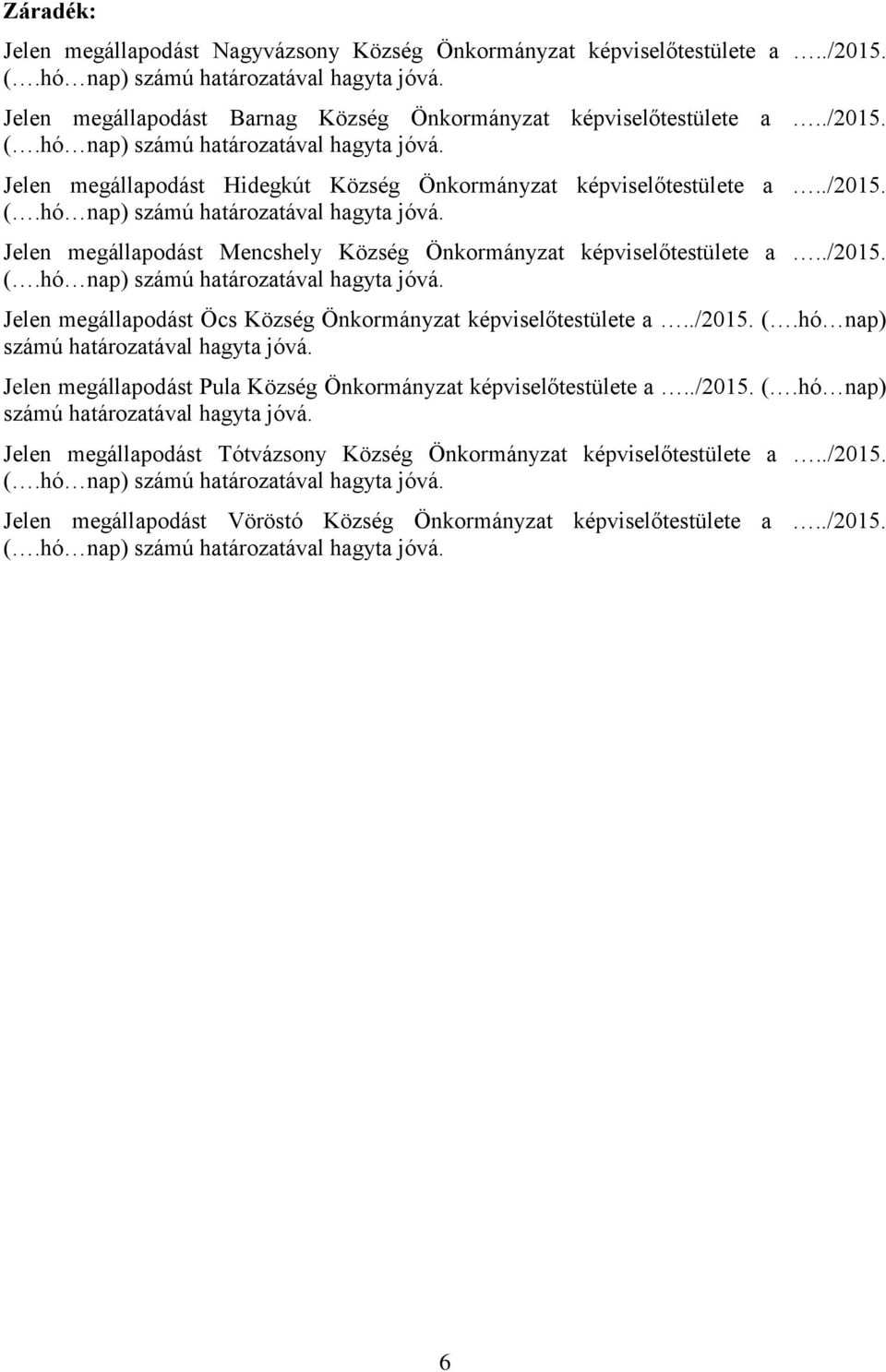 hó nap) számú határozatával hagyta jóvá. Jelen megállapodást Pula Község Önkormányzat képviselőtestülete a../2015. (.hó nap) számú határozatával hagyta jóvá. Jelen megállapodást Tótvázsony Község Önkormányzat képviselőtestülete a.