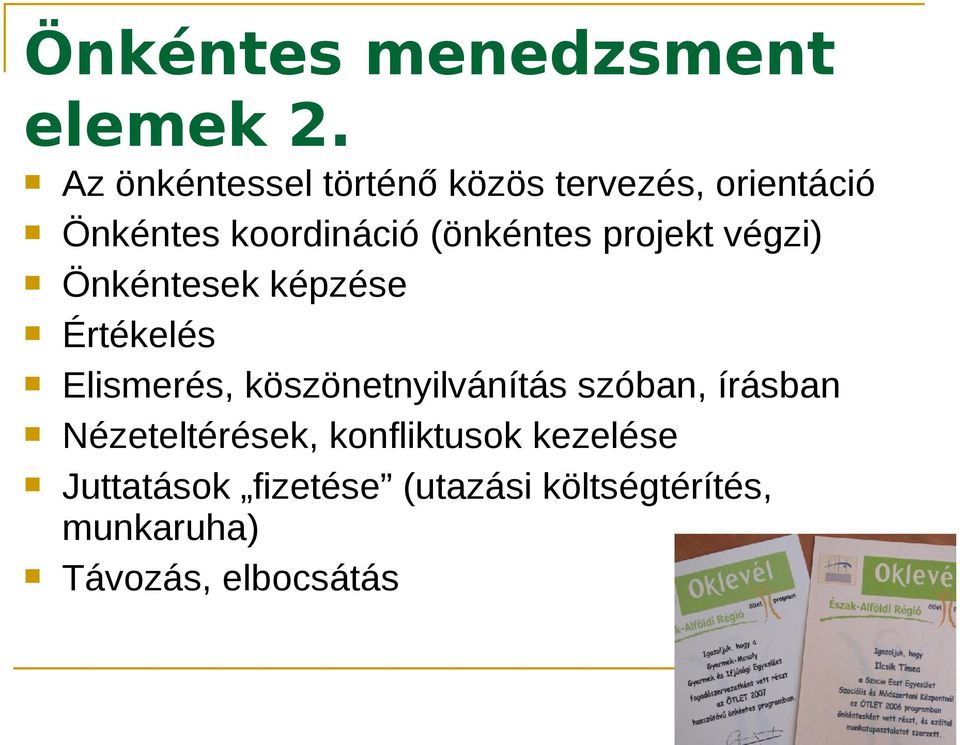 (önkéntes projekt végzi) Önkéntesek képzése Értékelés Elismerés,