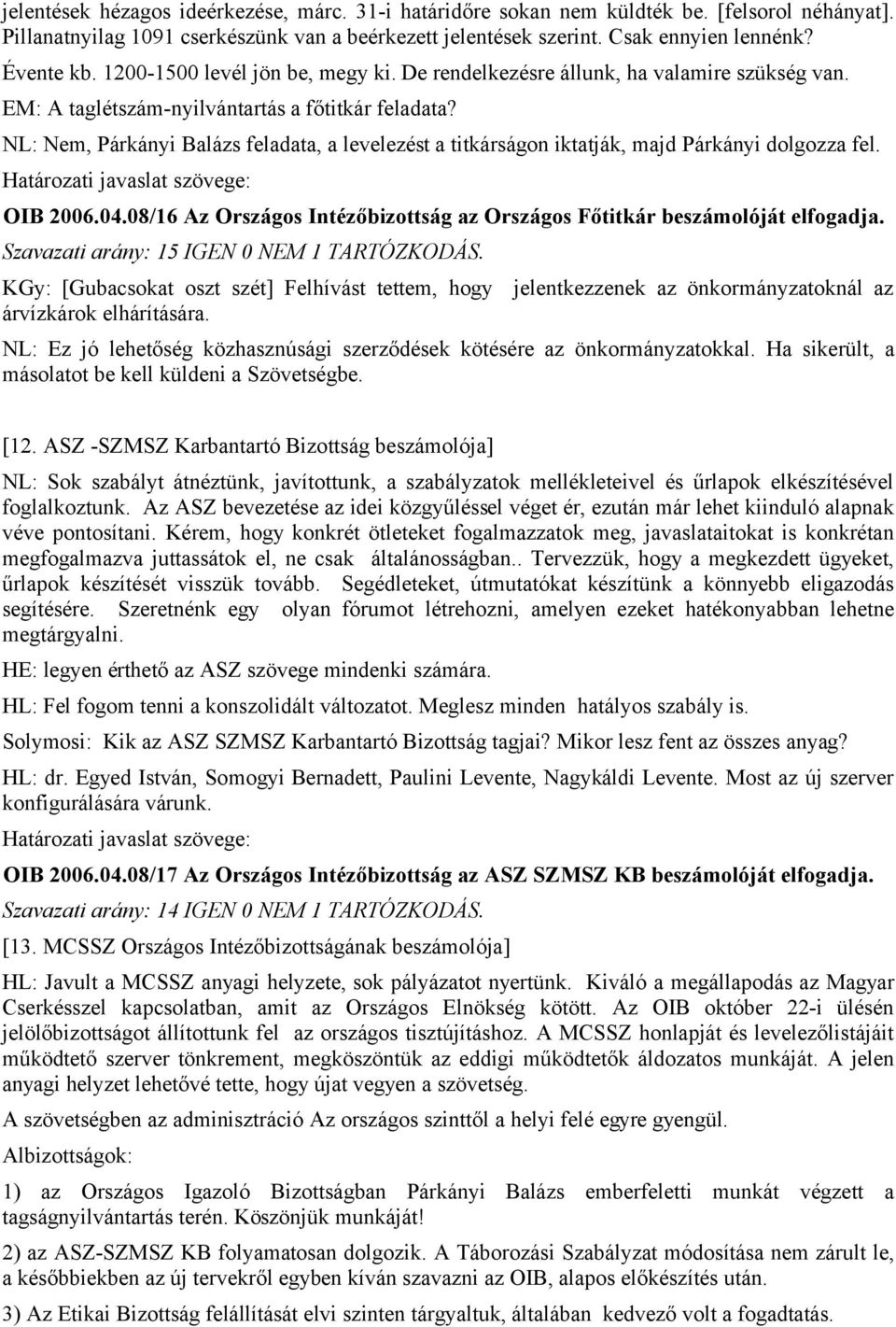 NL: Nem, Párkányi Balázs feladata, a levelezést a titkárságon iktatják, majd Párkányi dolgozza fel. OIB 2006.04.08/16 Az Országos Intézőbizottság az Országos Főtitkár beszámolóját elfogadja.