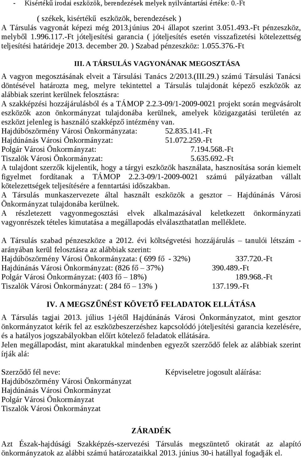 A TÁRSULÁS VAGYONÁNAK MEGOSZTÁSA A vagyon megosztásának elveit a Társulási Tanács 2/2013.(III.29.