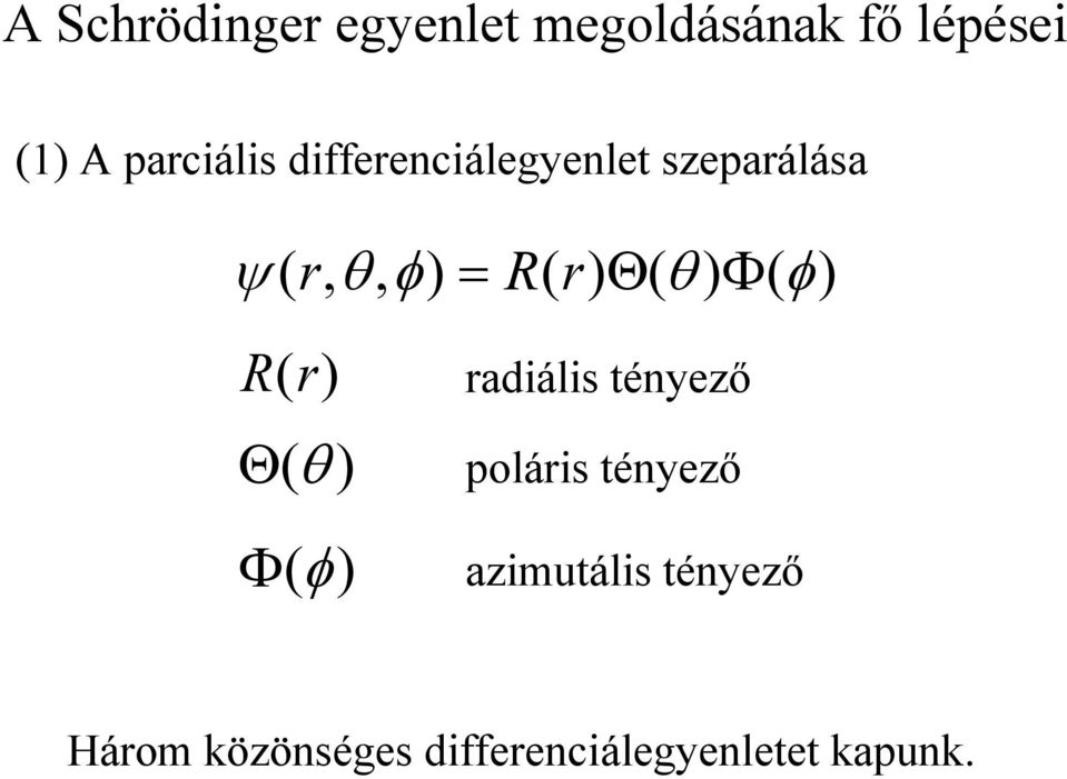 r) Θ( θ ) Φ( φ) R(r) Θ(θ ) Φ(φ) radiális tényező poláris
