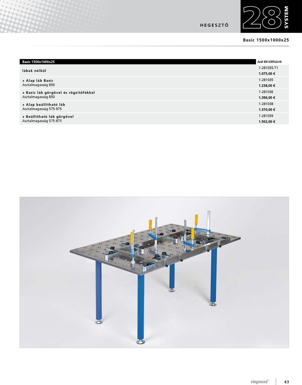 575-975 + Beállítható láb görgővel Asztalmagasság 575-875 Acél EN S355J2+N