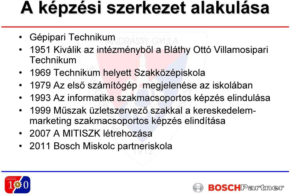 iskolában 1993 Az informatika szakmacsoportos képzés elindulása 1999 Műszak üzletszervező szakkal a