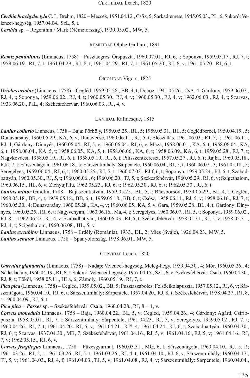 06.19., RJ, 7, t; 1961.04.29., RJ, 8, t; 1961.04.29., RJ, 7, t; 1961.05.20., RJ, 6, v; 1961.05.20., RJ, 6, t. ORIOLIDAE Vigors, 1825 Oriolus oriolus (Linnaeus, 1758) Cegléd, 1959.05.28.