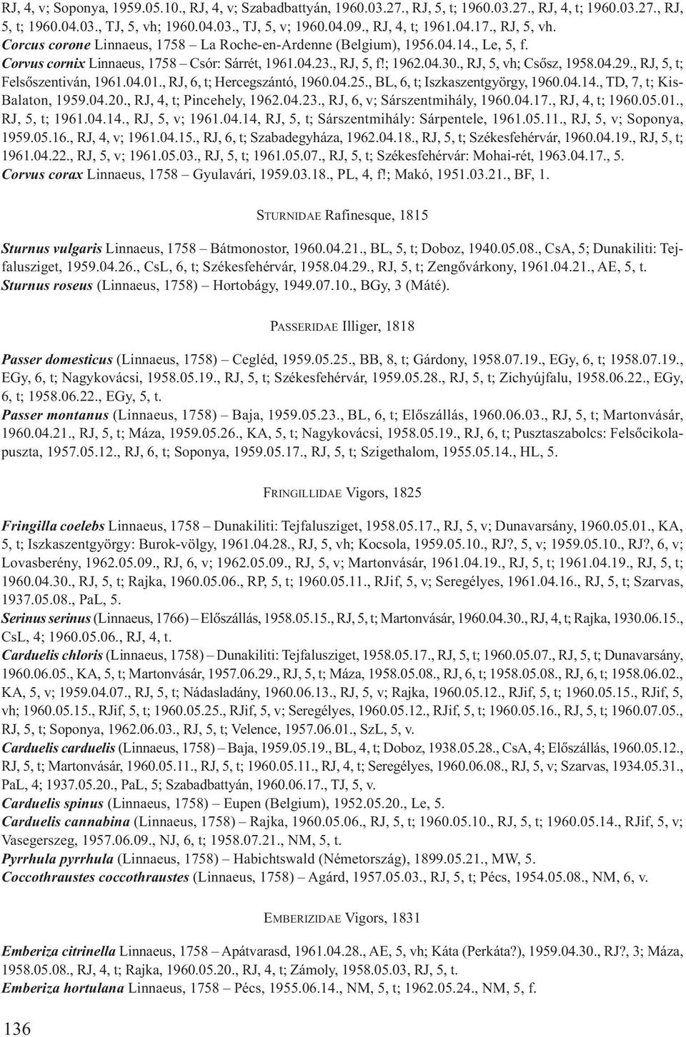 , RJ, 5, vh; Csõsz, 1958.04.29., RJ, 5, t; Felsõszentiván, 1961.04.01., RJ, 6, t; Hercegszántó, 1960.04.25., BL, 6, t; Iszkaszentgyörgy, 1960.04.14., TD, 7, t; Kis- Balaton, 1959.04.20.