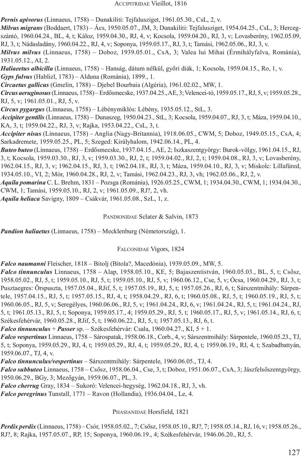 09, RJ, 3, t; Nádasladány, 1960.04.22., RJ, 4, v; Soponya, 1959.05.17., RJ, 3, t; Tamási, 1962.05.06., RJ, 3, v. Milvus milvus (Linnaeus, 1758) Doboz, 1939.05.01.