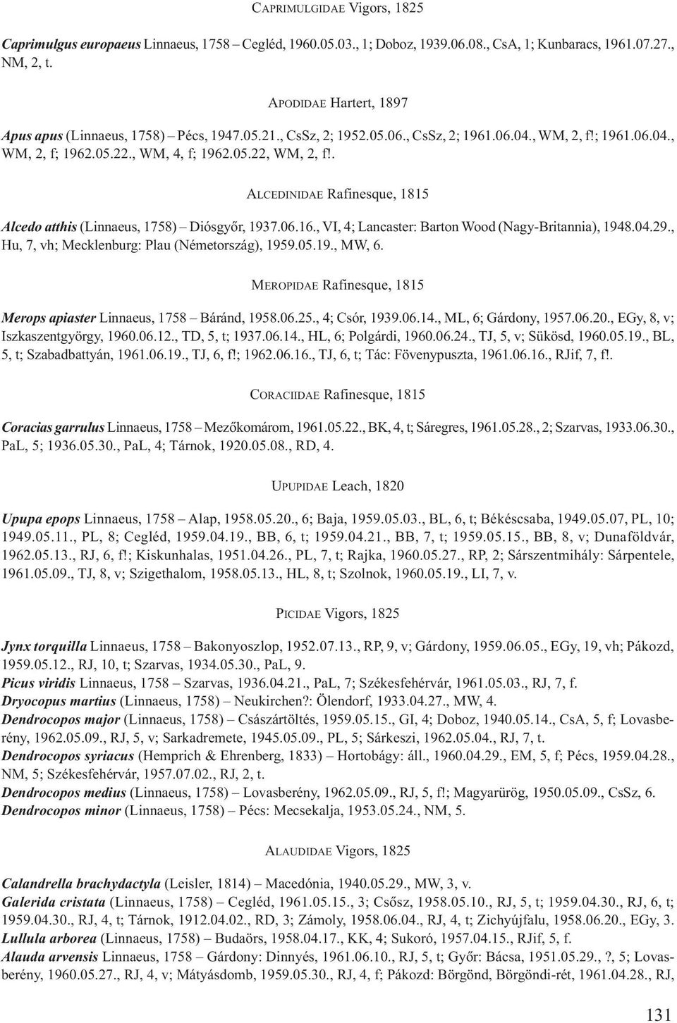 . ALCEDINIDAE Rafinesque, 1815 Alcedo atthis (Linnaeus, 1758) Diósgyõr, 1937.06.16., VI, 4; Lancaster: Barton Wood (Nagy-Britannia), 1948.04.29., Hu, 7, vh; Mecklenburg: Plau (Németország), 1959.05.