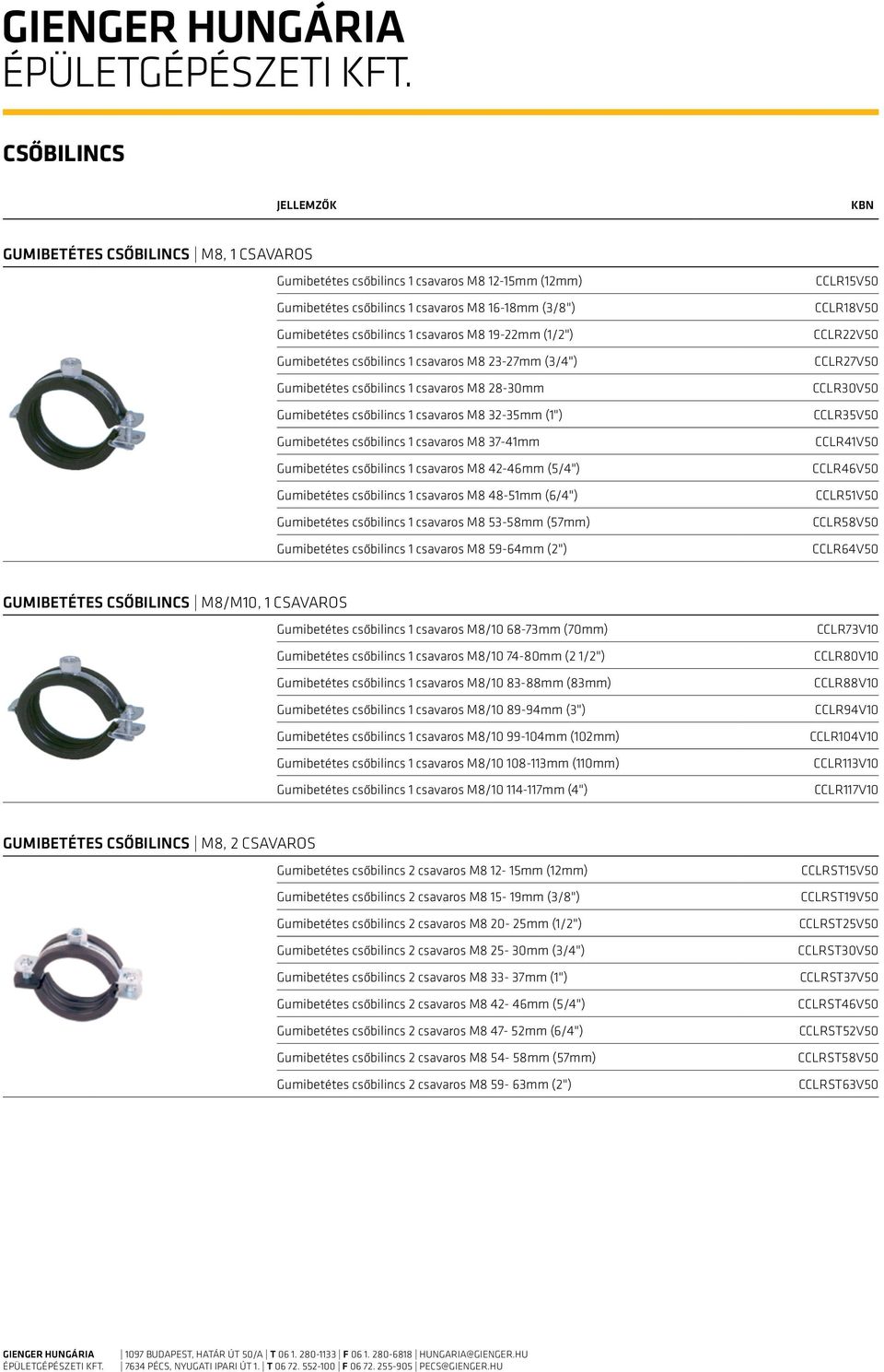 37-41mm Gumibetétes csőbilincs 1 csavaros M8 42-46mm (5/4") Gumibetétes csőbilincs 1 csavaros M8 48-51mm (6/4") Gumibetétes csőbilincs 1 csavaros M8 53-58mm (57mm) Gumibetétes csőbilincs 1 csavaros