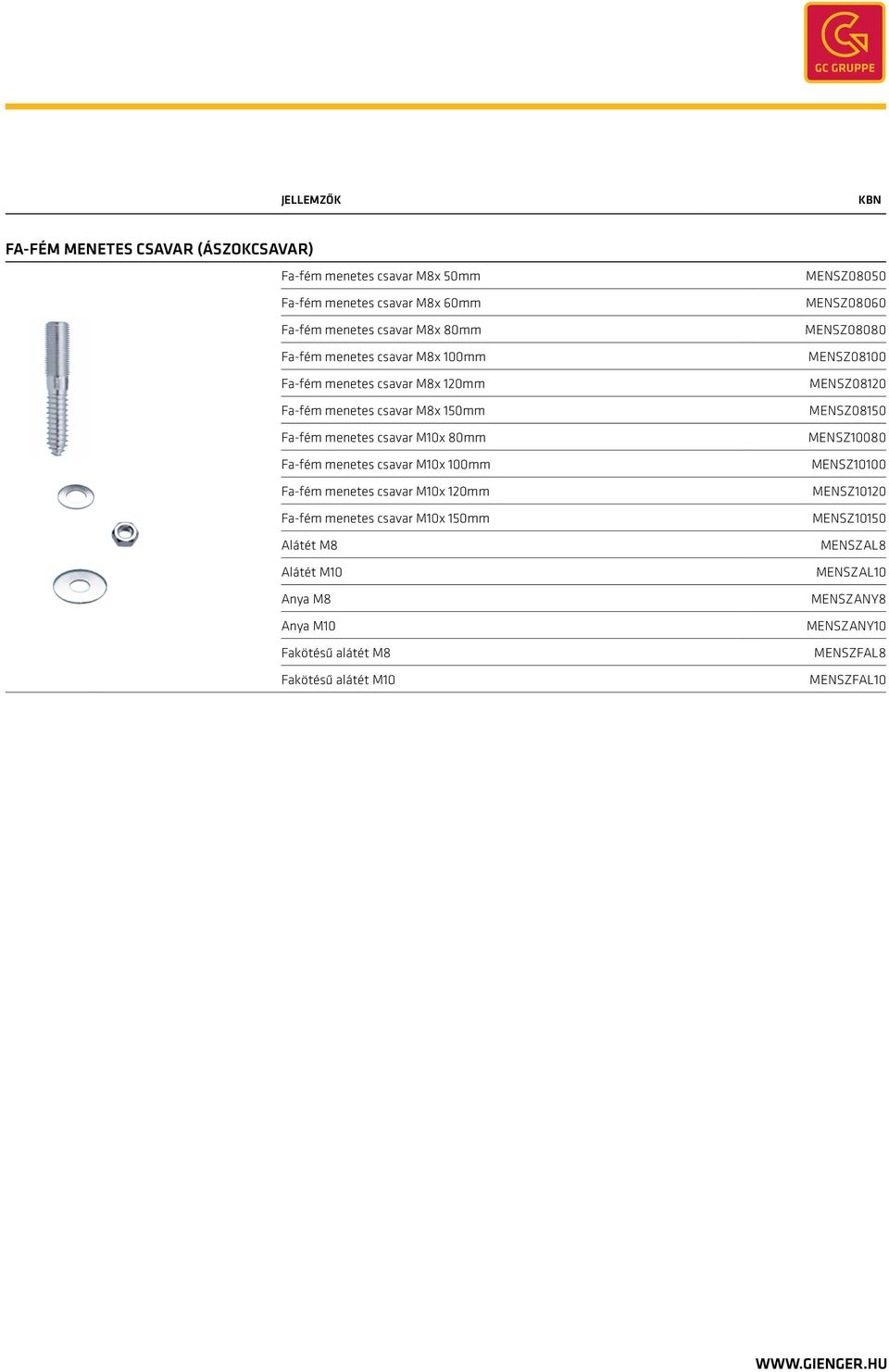 menetes csavar M10x 120mm Fa-fém menetes csavar M10x 150mm Alátét M8 Alátét M10 Anya M8 Anya M10 Fakötésű alátét M8 Fakötésű alátét M10 MENSZ08050