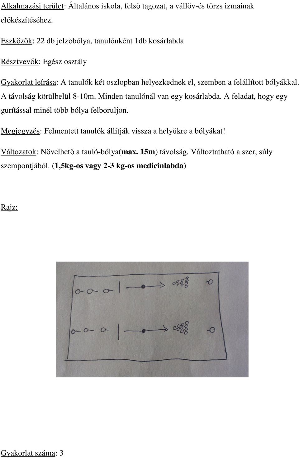 A távolság körülbelül 8-10m. 10m. Minden tanulónál van egy kosárlabda. A feladat, hogy egy gurítással minél több bólya felboruljon.