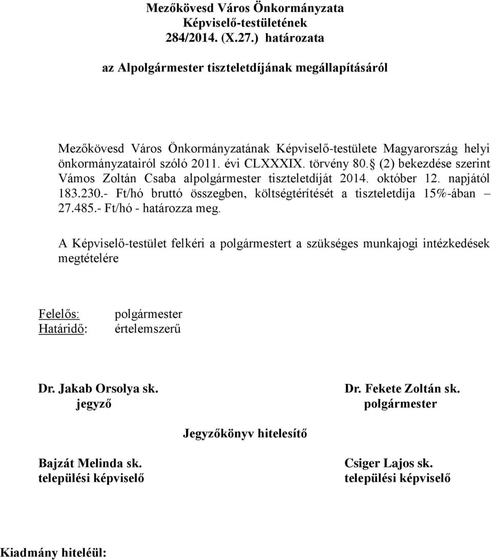 törvény 80. (2) bekezdése szerint Vámos Zoltán Csaba alpolgármester tiszteletdíját 2014. október 12. napjától 183.230.