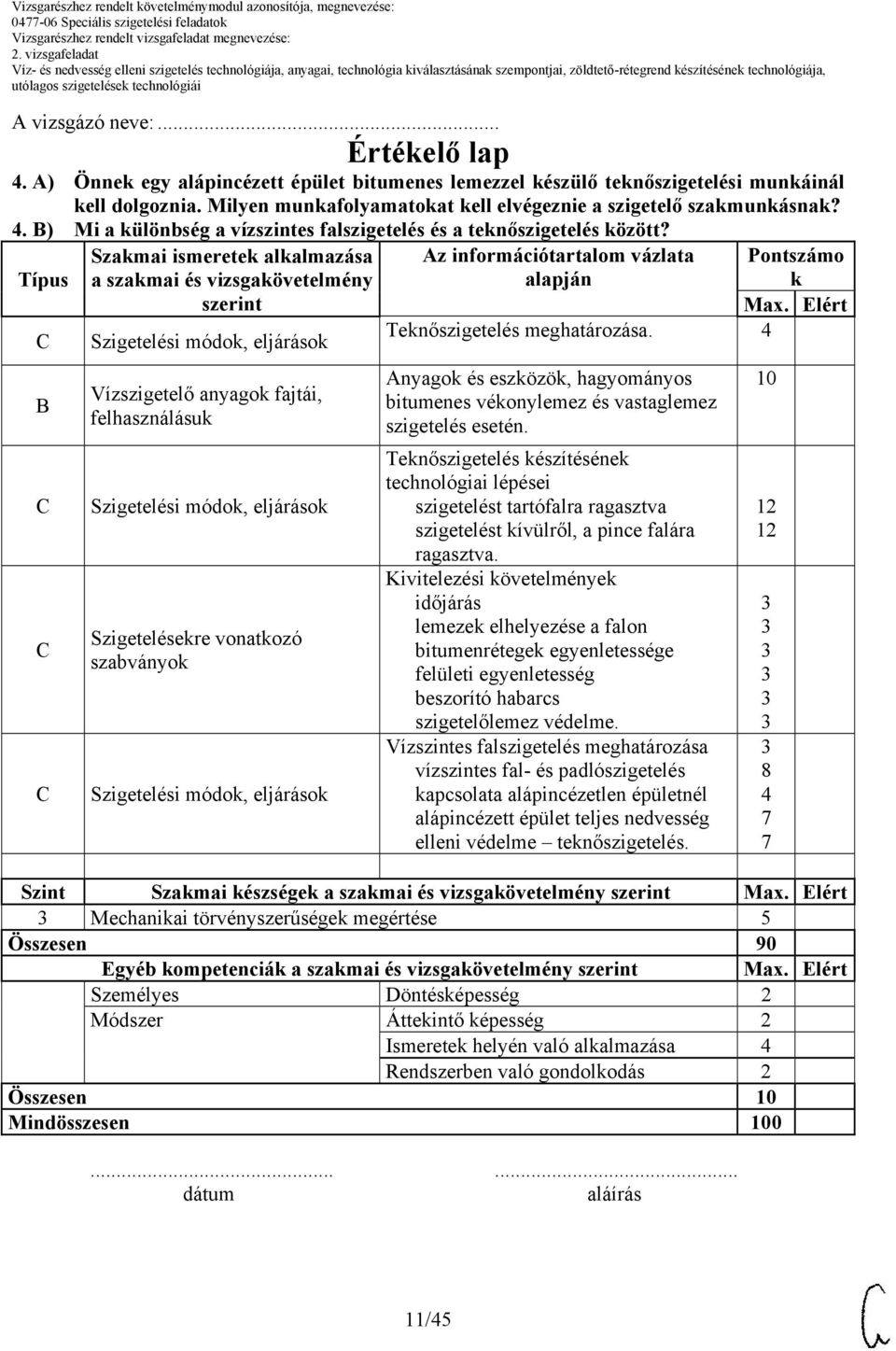 Típus Szakmai ismeretek alkalmazása a szakmai és vizsgakövetelmény szerint Az információtartalom vázlata alapján Szigetelési módok, eljárások Vízszigetelő anyagok fajtái, felhasználásuk Szigetelési