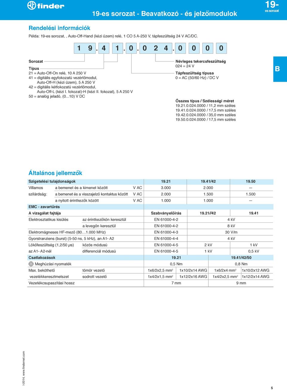 fokozat)-h (kézi II. fokozat), 5 A 250 V 50 = analóg jeladó, (0...10) V DC Névleges tekercsfeszu ltség 0 = V Tápfeszu ltség típusa 0 = AC (50/60 Hz) / DC V Összes típus / Szélességi méret 19.21.0.0.0000 / 11,2 mm széles 19.