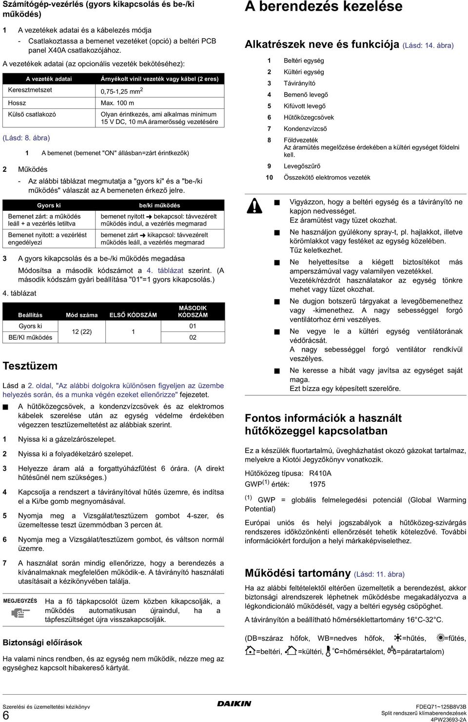 A gyors kikapcsolás és a be-/ki működés megadása Módosítsa a második kódszámot a. táblázat szerint. (A második kódszám gyári beállítása "0"= gyors kikapcsolás.). táblázat Tesztüzem Lásd a.