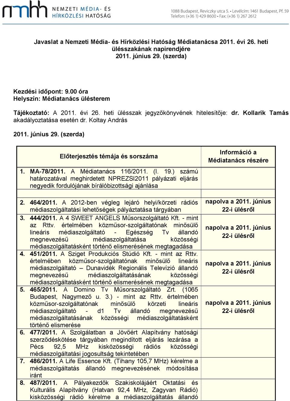 (szerda) Előterjesztés témája és sorszáma 1. MA-78/2011. A Médiatanács 116/2011. (I. 19.