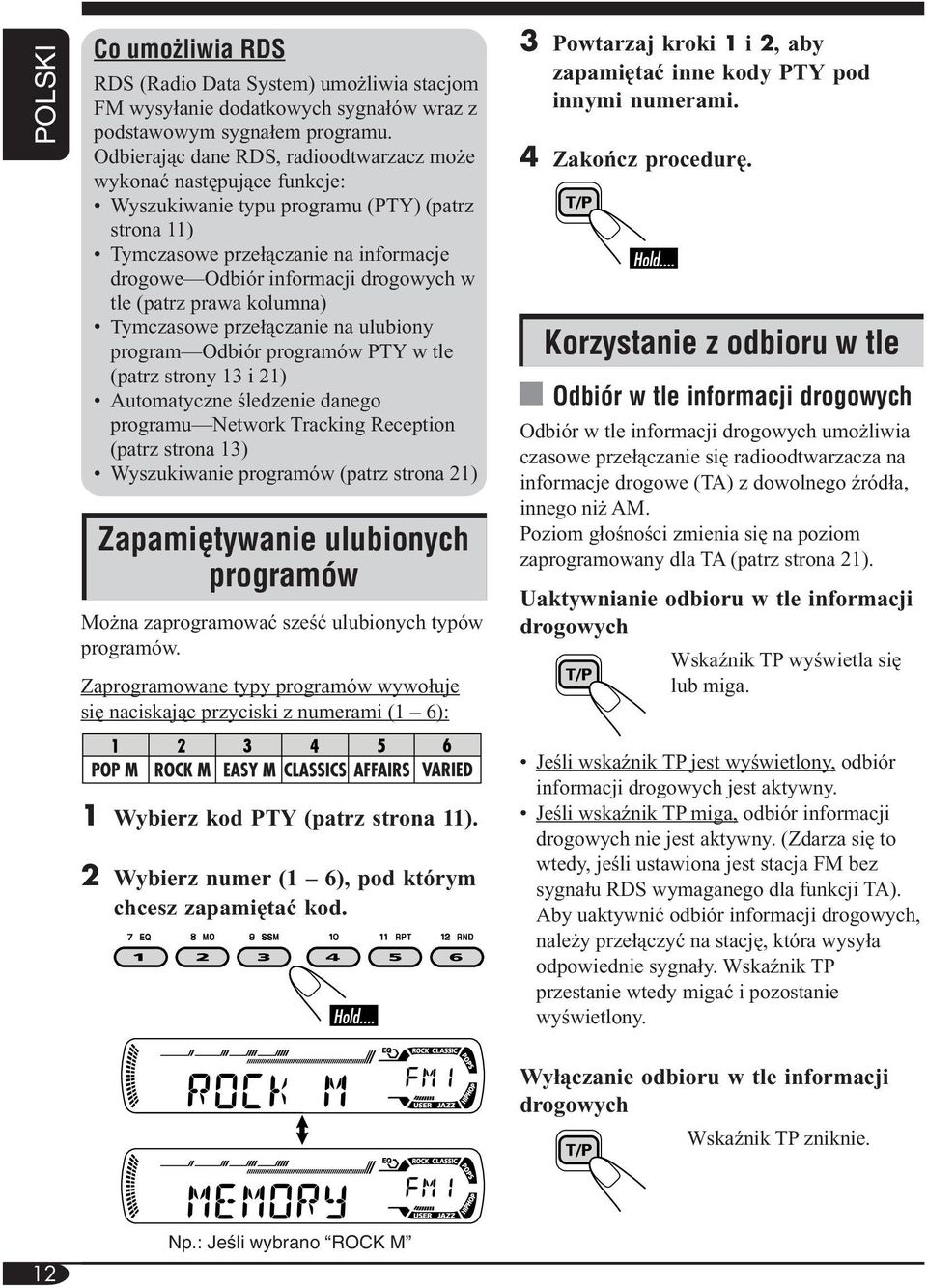 tle (patrz prawa kolumna) Tymczasowe przełączanie na ulubiony program Odbiór programów PTY w tle (patrz strony 13 i 21) Automatyczne śledzenie danego programu Network Tracking Reception (patrz strona