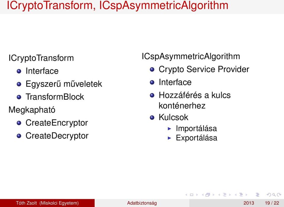 ICspAsymmetricAlgorithm Crypto Service Provider Interface Hozzáférés a kulcs