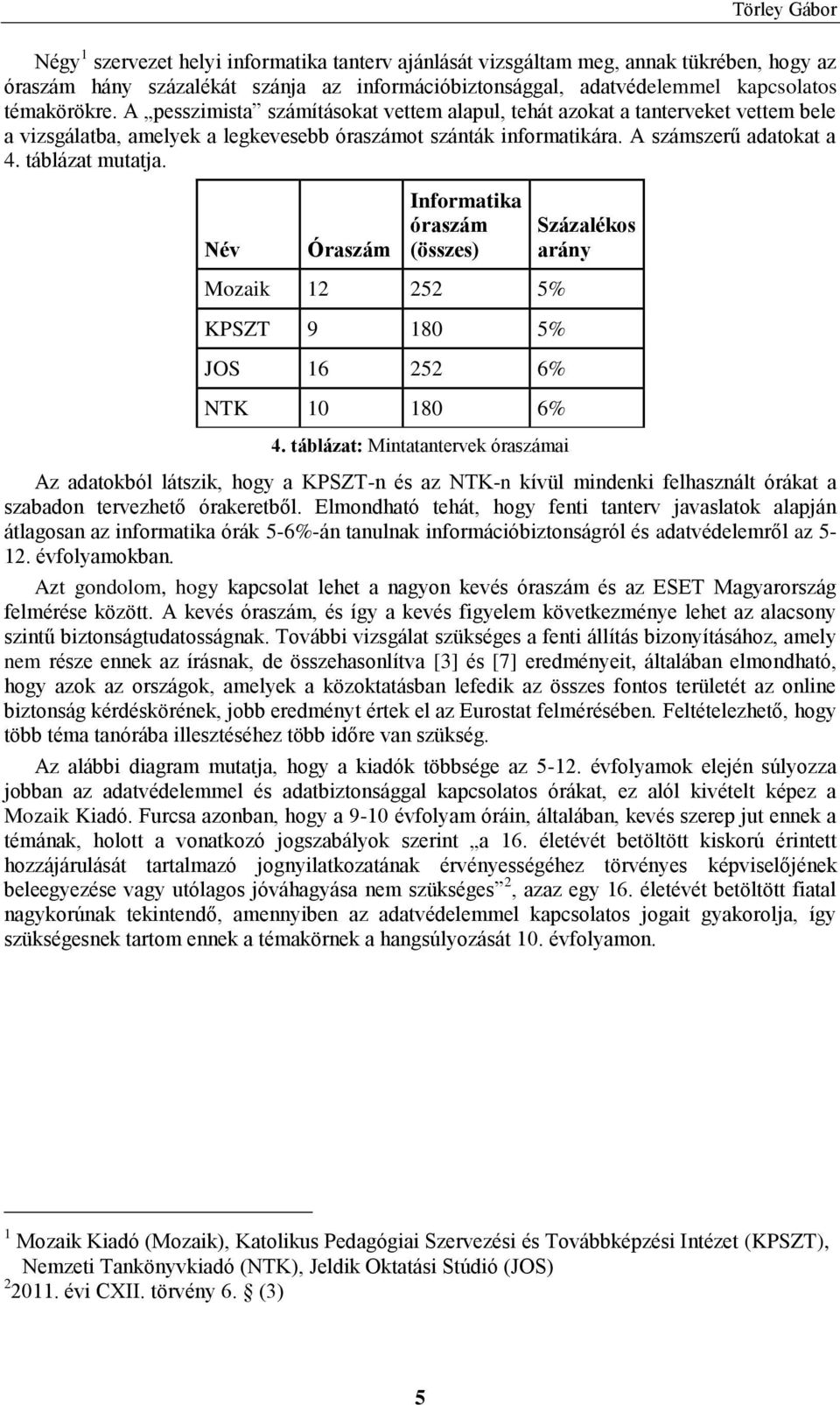 táblázat mutatja. Név Óraszám Informatika óraszám (összes) Százalékos arány Mozaik 12 252 5% KPSZT 9 180 5% JOS 16 252 6% NTK 10 180 6% 4.