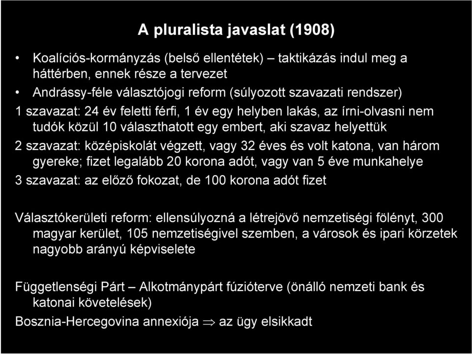 van három gyereke; fizet legalább 20 korona adót, vagy van 5 éve munkahelye 3 szavazat: az előző fokozat, de 100 korona adót fizet Választókerületi reform: ellensúlyozná a létrejövő nemzetiségi