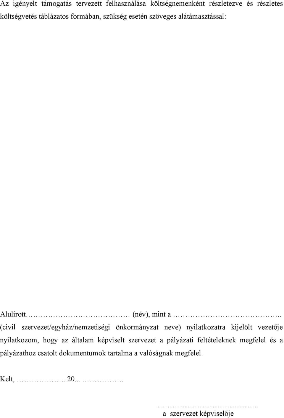 . (civil szervezet/egyház/nemzetiségi önkormányzat neve) nyilatkozatra kijelölt vezetője nyilatkozom, hogy az általam