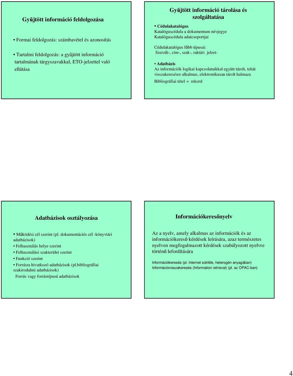 információk logikai kapcsolataikkal együtt tárolt, tehát visszakeresésre alkalmas, elektronikusan tárolt halmaza Bibliográfiai tétel = rekord Adatbázisok osztályozása Információkeresőnyelv Működési