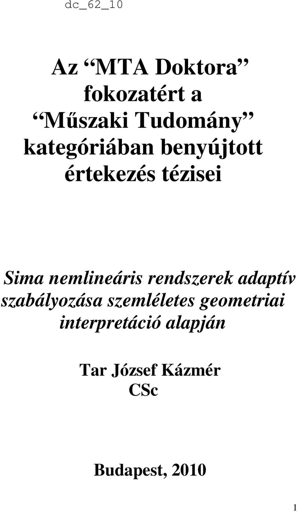 nemlineáris rendszerek adaptív szabályozása