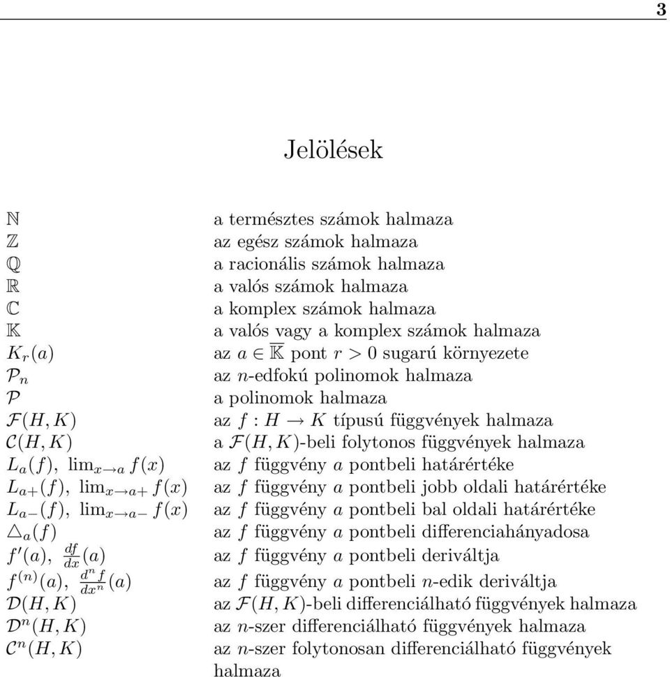 környezete az n-edfokú polinomok halmaza a polinomok halmaza az f : H K típusú függvények halmaza a F(H, K)-beli folytonos függvények halmaza az f függvény a pontbeli határértéke az f függvény a