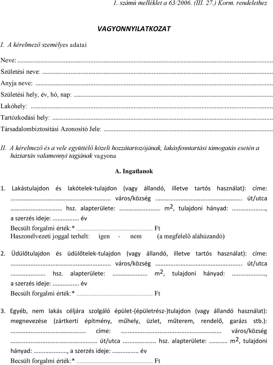 A kérelmező és a vele együttélő közeli hozzátartozójának, lakásfenntartási támogatás esetén a háztartás valamennyi tagjának vagyona A. Ingatlanok 1.