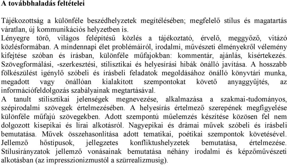 A mindennapi élet problémáiról, irodalmi, művészeti élményekről vélemény kifejtése szóban és írásban, különféle műfajokban: kommentár, ajánlás, kisértekezés.