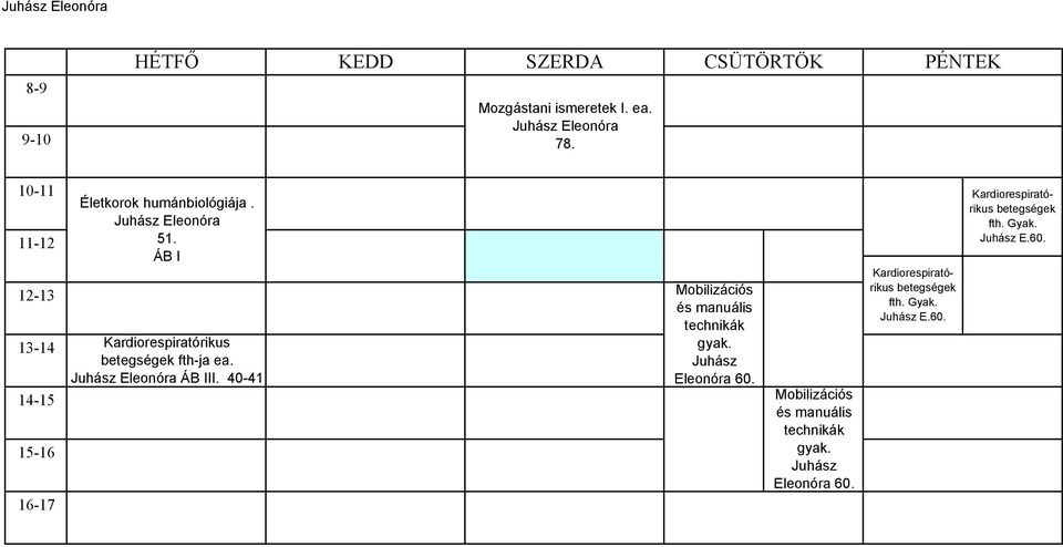 40-41 Mobilizációs és manuális technikák gyak. Juhász Eleonóra 60. Mobilizációs és manuális technikák gyak. Juhász Eleonóra 60. Kardiorespiratórikus betegségek fth.