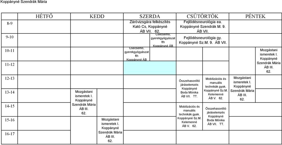 Fejlıdésneurológia gy. Koppányné Sz.M. 9. ÁB VII. Összehasonlító járáselemzés Koppányné Boda Mónika ÁB VII. TT. Mobilizációs és manuális technikák gyak. Koppányné Sz.M. Kelemenné ÁB V. 62.