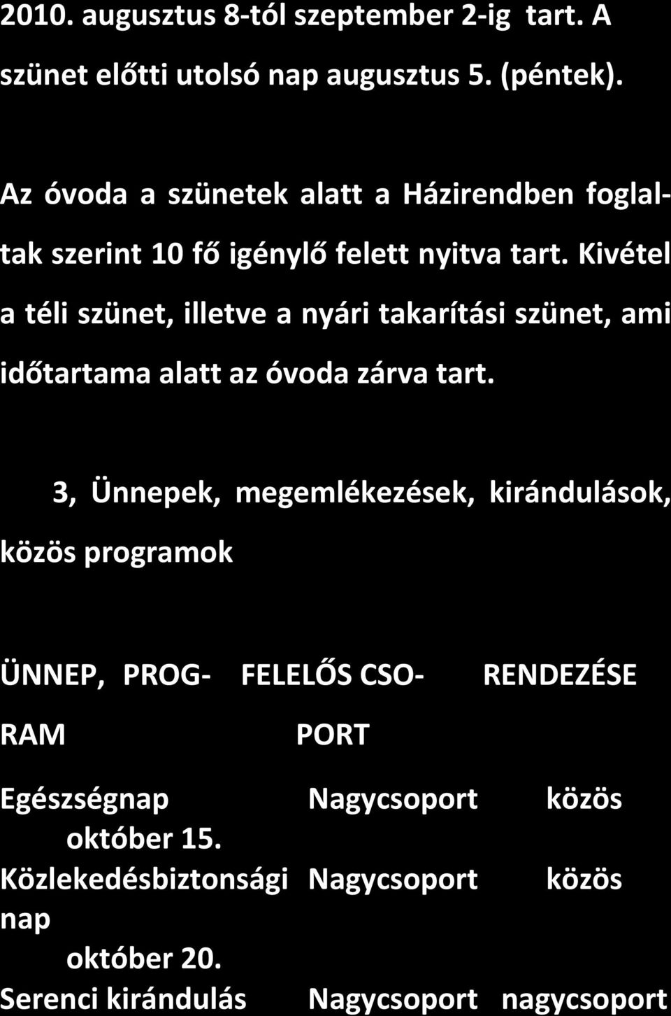 Kivétel a téli szünet, illetve a nyári takarítási szünet, ami időtartama alatt az óvoda zárva tart.